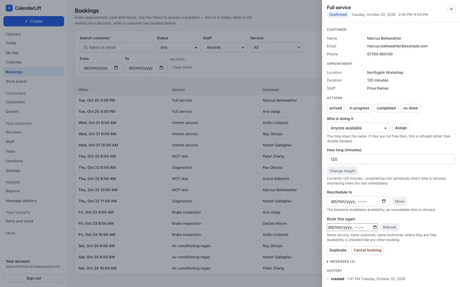 A booking opened in CalendarLift, showing the customer, service, assigned staff, location and its payment state.