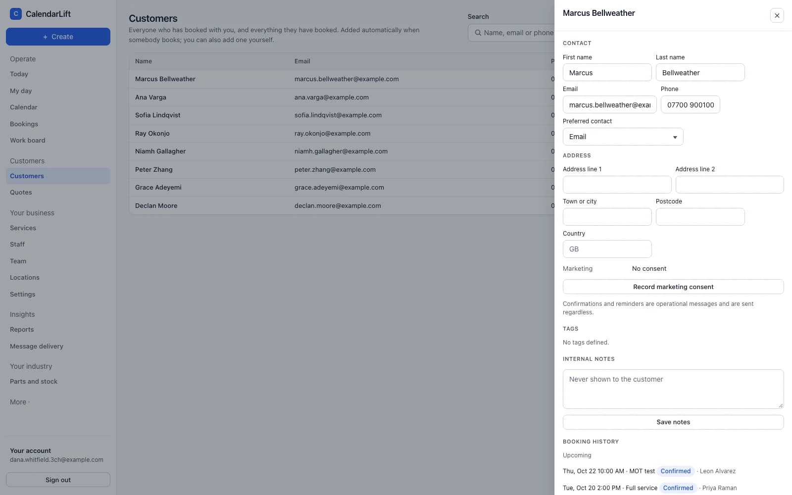 A customer record in CalendarLift showing contact details and their past and upcoming appointments.