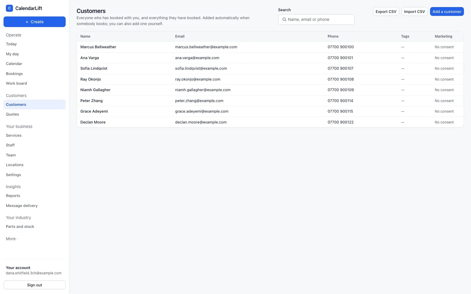 The customer list in CalendarLift with names, contact details and when each last booked.