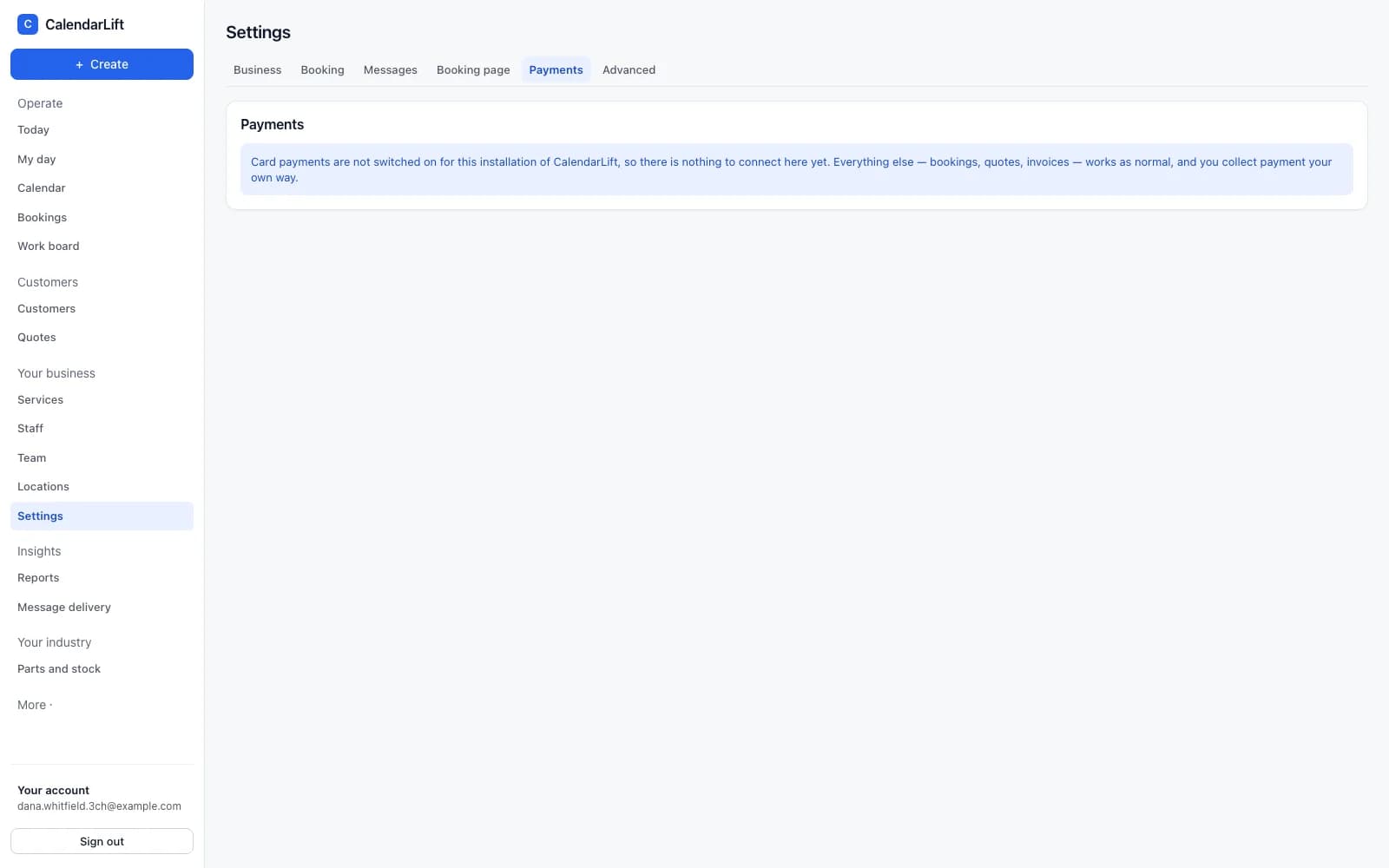 Payment settings in CalendarLift showing the Stripe connection state and what to do next.