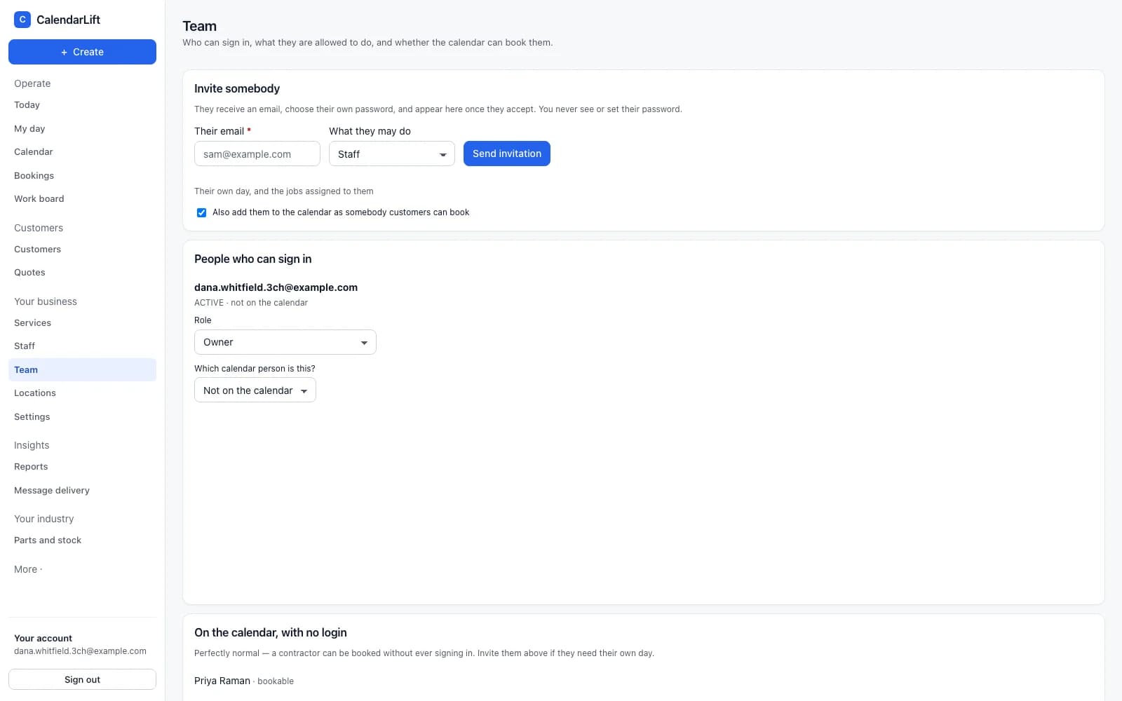 Team settings in CalendarLift showing members and the role each one holds.
