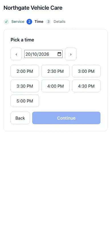 Choosing an appointment time on a phone, with the business's own name and colour.